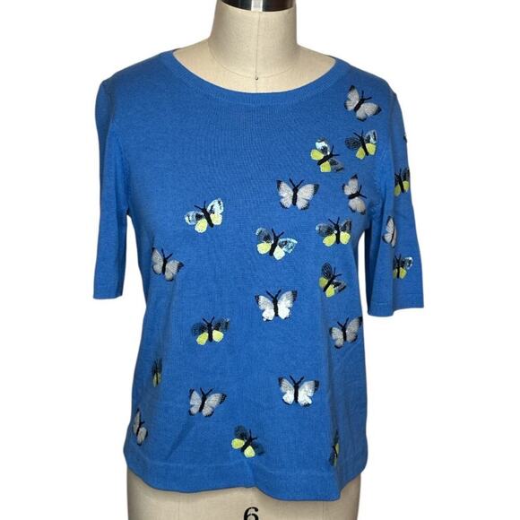 Vntg Talbots Petite Blue Sequined Butterflies Short Sleeve Sweater Top Womens LP - Picture 1 of 6